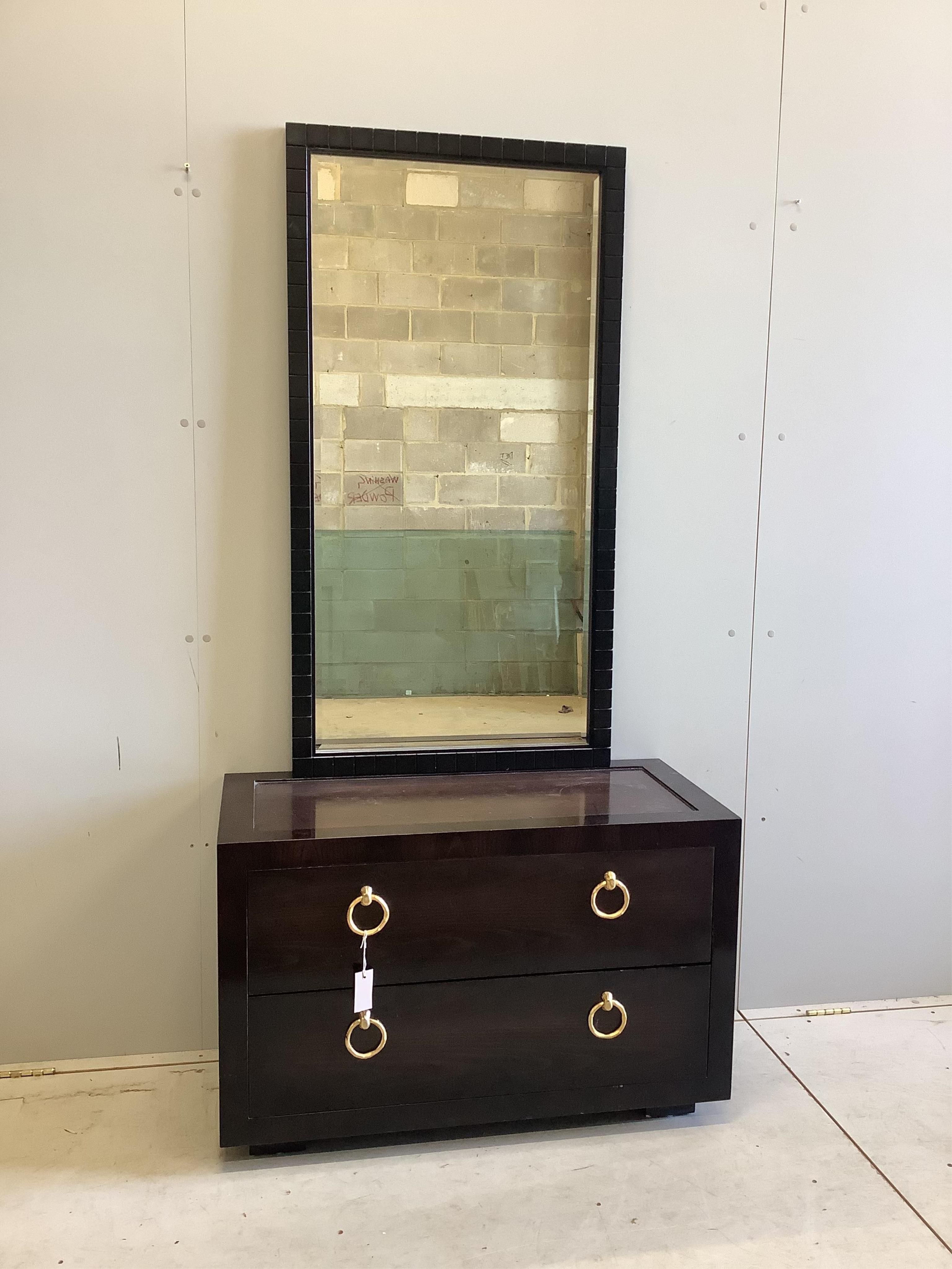 A James Martin low chest, width 95cm, depth 45cm, height 61cm together with a mirror. Condition - fair to good